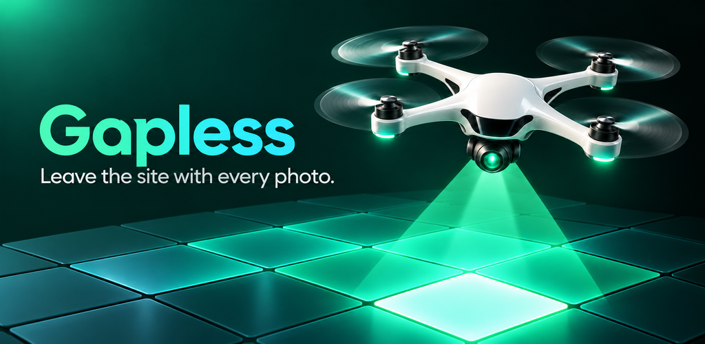 A drone scans a grid of map photos; the last missing photo lights up.